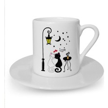 Çift Kedi Baskılı Beyaz Türk Kahvesi Fincanı