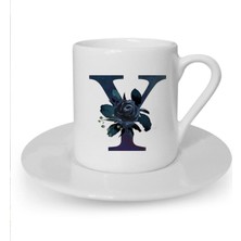 Siyah Gül Y Harfi Baskılı Beyaz Türk Kahvesi Fincanı