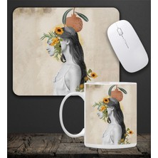 Baskılı Kupa & Bej Renk Papatya Kadın Motifli Mouse Pad 23X19CM Fare Altlığı Kaydırmaz Taban DE593 O