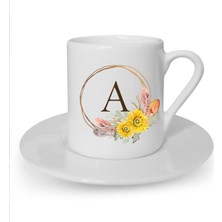 Çiçek Desenli A Harfi Baskılı Beyaz Türk Kahvesi Fincanı