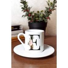 Caddemart | E Harfli Çiçekli Baskılı Porselen Türk Kahvesi Fincanı