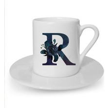 Siyah Gül R Harfi Baskılı Beyaz Türk Kahvesi Fincanı