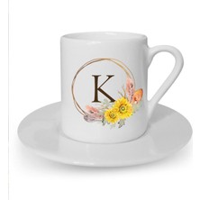 Çiçek Desenli K Harfi Baskılı Beyaz Türk Kahvesi Fincanı