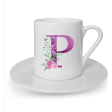 Mor Renkli P Harfi Baskılı Beyaz Türk Kahvesi Fincanı
