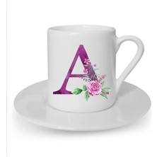 Mor Renkli A Harfi Baskılı Beyaz Türk Kahvesi Fincanı