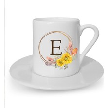 Çiçek Desenli E Harfi Baskılı Türk Kahvesi Fincanı
