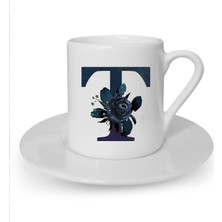 Siyah Gül T Harfi Baskılı  Türk Kahvesi Fincanı