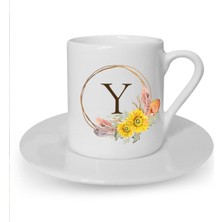 Çiçek Desenli Y Harfi Baskılı Beyaz Türk Kahvesi Fincanı