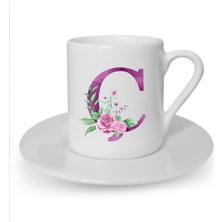 Mor Renkli Ç Harfi Baskılı Beyaz Türk Kahvesi Fincanı