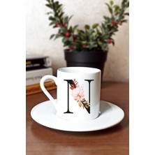 Caddemart | N Harfli Çiçekli Baskılı Porselen Türk Kahvesi Fincanı