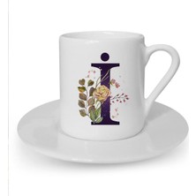 Kahverengi Gül I Harfi Baskılı Beyaz Türk Kahvesi Fincanı