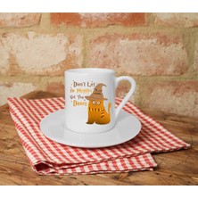 Sihirbaz Kedi Baskılı Beyaz Türk Kahvesi Fincanı