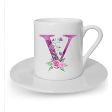 Mor Renkli V Harfi Baskılı Beyaz Türk Kahvesi Fincanı