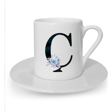 Mavi Çiçekli Ç Harfi Baskılı Beyaz Türk Kahvesi Fincanı