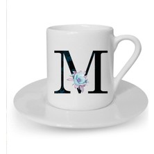 Mavi Çiçekli M Harfi Baskılı Beyaz Türk Kahvesi Fincanı