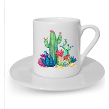 Kaktüs Baskılı Beyaz Türk Kahvesi Fincanı