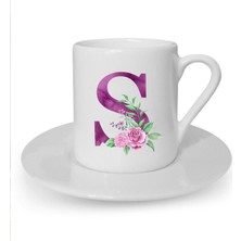 Mor Renkli S Harfi Baskılı Beyaz Türk Kahvesi Fincanı