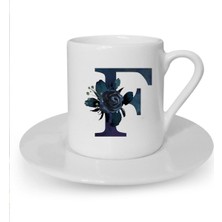 Siyah Gül F Harfi Baskılı Beyaz Türk Kahvesi Fincanı