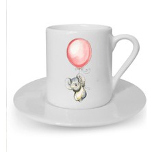 Uçan Balon ve Koala Baskılı Beyaz Türk Kahvesi Fincanı