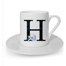 Mavi Çiçekli H Harfi Baskılı Beyaz Türk Kahvesi Fincanı