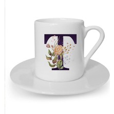 Kahverengi Gül T Harfi Baskılı Beyaz Türk Kahvesi Fincanı