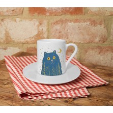 Kedi ve Hilal Baskılı Beyaz Türk Kahvesi Fincanı