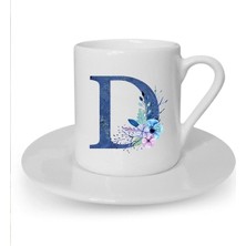 Mavi Renkli D Harfi Baskılı Beyaz Türk Kahvesi Fincanı