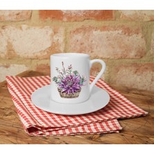 Mor Çiçek Baskılı Beyaz Türk Kahvesi Fincanı