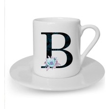 Mavi Çiçekli B Harfi Baskılı Beyaz Türk Kahvesi Fincanı