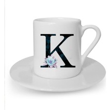 Mavi Çiçekli K Harfi Baskılı Beyaz Türk Kahvesi Fincanı