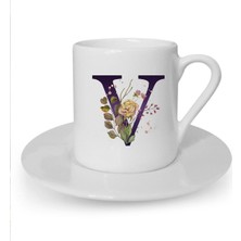 Kahverengi Gül V Harfi Baskılı Beyaz Türk Kahvesi Fincanı