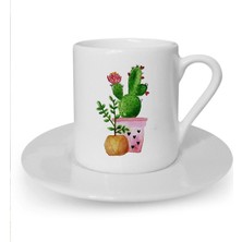 Kaktüs Baskılı Beyaz Türk Kahvesi Fincanı