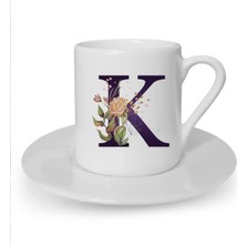 Kahverengi Gül K Harfi Baskılı Beyaz Türk Kahvesi Fincanı