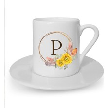 Çiçek Desenli P Harfi Baskılı Beyaz Türk Kahvesi Fincanı