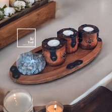 İki Yedi Konsept Dosena 77-1 Ahşap Tealight Mumluk Seti Deri Detaylı Üçlü Şamdan Dekoratif Taşlı Rustik Ev Ofis Süsü