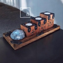 İki Yedi Konsept Dosena 77-3 Basamak Görünüm Ahşap Mumluk Takımı 3’lü Deri Detaylı Şamdan Seti Rustik Aksesuar