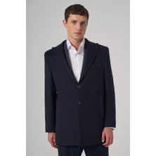 Morven  Erkek Lacivert Yünlü Düz Dynamic Fit Sivri Yaka Kaban