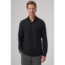 Morven  Erkek Siyah Trend Düz Slim Fit Tam Italyan Yaka Gömlek