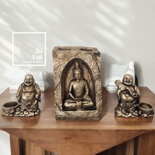 İki Yedi Konsept Buda Figürlü 3'lü Mumluk Seti, Meditasyon Temalı Dekoratif Obje, Ev Hediyesi Biblo 77-2