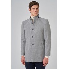 Morven  Erkek Gri Yünlü Düz Dynamic Fit Hakim Yaka Kaban