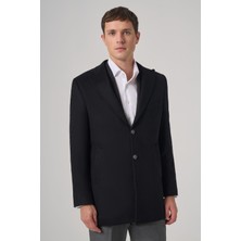 Morven  Erkek Siyah Yünlü Düz Dynamic Fit Sivri Yaka Kaban