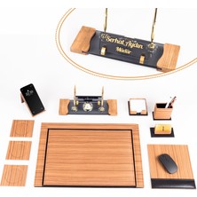 Ofistike Fantom 10 Parça Ahşap Desenli Ofis Deri Sümen Takımı ve Kristal Masa Isimliği Sümen Seti ve Isimlik