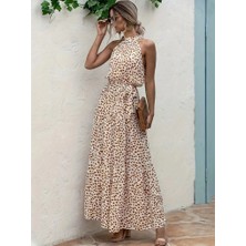 Eccey Butik Kadın Daire Yakalı Beli Lastikli Desenli Süprem Elbise