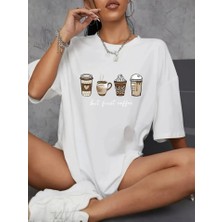 Buğrahayalin Baskılı Oversize Bisiklet Yaka T-Shirt - Beyaz