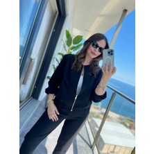 Eccey Butik Kadın Uzun Kollu Önden Fermuarlı Modal Ceket ve Pantolon Ikili Takım