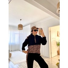 Eccey Butik Kadın Uzun Kollu Leopar Detay Sweat ve Yanı Leopar Şerit Detay Pantolon Ikili Takım