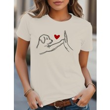 Eccey Butik Kadın Kısa Kollu Bisiklet Yaka Köpek Baskılı Viskon Bluz