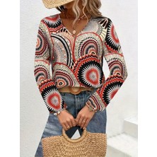 Eccey Butik Kadın Uzun Kollu V Yakalı Desenli Süprem Bluz