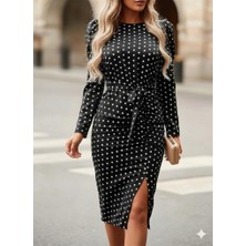 Eccey Butik Kadın Uzun Kollu Yuvarlak Yaka Belden Kuşaklı Önden Yırtmaçlı Örme Krep Elbise