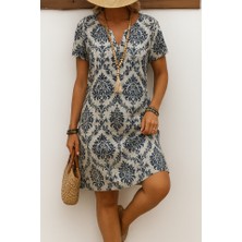 Eccey Butik Kadın Kısa Kollu Çentik Yaka Çiçek Desenli Keten Elbise